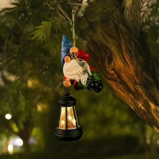 Solar Hanging Gnome Garden Statues Climbing Rope Gnome with LED Lantern Spring Outdoor Decor Tree Hugger Yard Porch Wall Fence Decoration Mother's Day Birthday Gifts for Mom Women