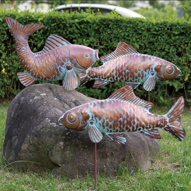 Outdoor Garden Statues Koi Fish Decor,Antique Copper Garden Sculptures & Statues for Outside,Patio,Backyard,Pond,Home,Decorations,Metal Yard Art Fish Stakes,Gifts for Mom Grandma,Set of 3