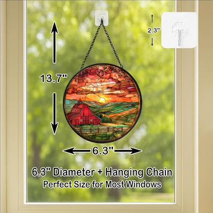 Stained Glass Window Hanging - 6.3in Barn Farmhouse at Sunset Sun Catchers Indoor Stained Glass Panels Wall Decor for Mom，Wife，Lovers，Festive