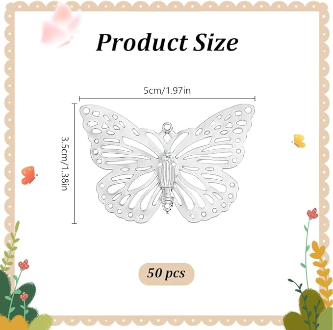 WEBEEDY 50pcs Silver Butterfly Suncatchers Hanging Ornaments Handmade DIY Sun Catcher Butterfly Charms Metal Parts, Suncatcher Making Supplies for Window Garden Wall Wedding Party Decor Gift,1.4x2Inch