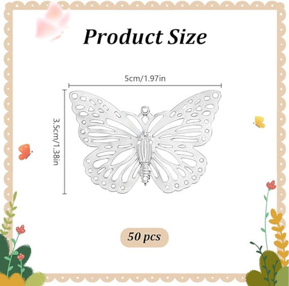 WEBEEDY 50pcs Silver Butterfly Suncatchers Hanging Ornaments Handmade DIY Sun Catcher Butterfly Charms Metal Parts, Suncatcher Making Supplies for Window Garden Wall Wedding Party Decor Gift,1.4x2Inch
