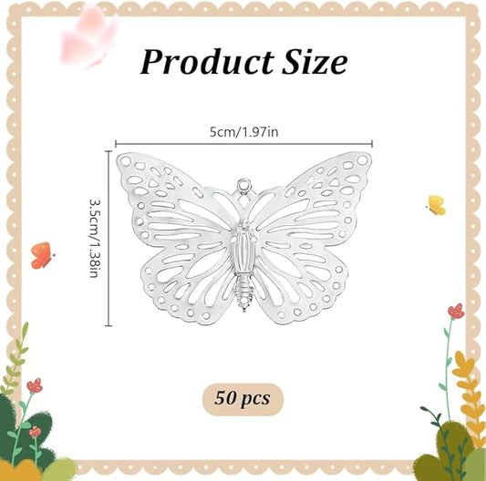 WEBEEDY 50pcs Silver Butterfly Suncatchers Hanging Ornaments Handmade DIY Sun Catcher Butterfly Charms Metal Parts, Suncatcher Making Supplies for Window Garden Wall Wedding Party Decor Gift,1.4x2Inch