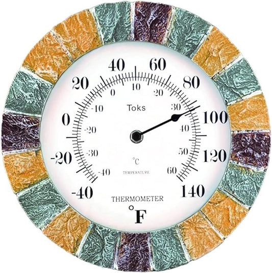 Lily's Home 10 inch Indoor or Outdoor Wall Thermometer Stone Frame Battery Operated Quartz Movement, Operated Decor for Family Room, Office, Game Room,Garden, Backyard, Pool