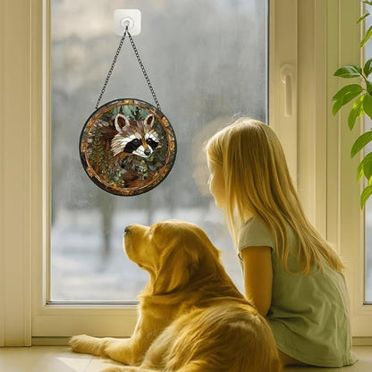 Stained Glass Window Hanging - 11.8in Forest Raccoon with Pines Sun Catchers Indoor Stained Glass Panels Wall Decor for Mom,Wife,Lovers,Festive