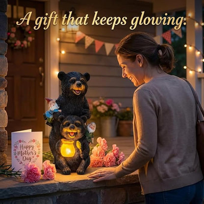 PETAFLOP Solar Garden Statues Bear Decor, Bear Statue with Glowing Honey Jar and Gnomes for Patio Balcony Lawn Yard Decorations, Outdoor Birthday Housewarming Gifts for Women, Mom