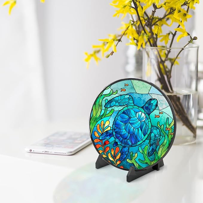 WIRESTER Stained Glass Suncatcher 6 Inch, Glass Panel with Metal Chain, Sun Catcher Window Hanging Ornament for Indoor Outdoor Wall Art Home Decoration - Sea Turtle Ocean