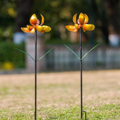 Metal Wind Spinners Outdoor,2Pack Yellow Pinwheels for Yard and Garden, Decorative Garden Stakes for Patio,Lawn, Outdoor