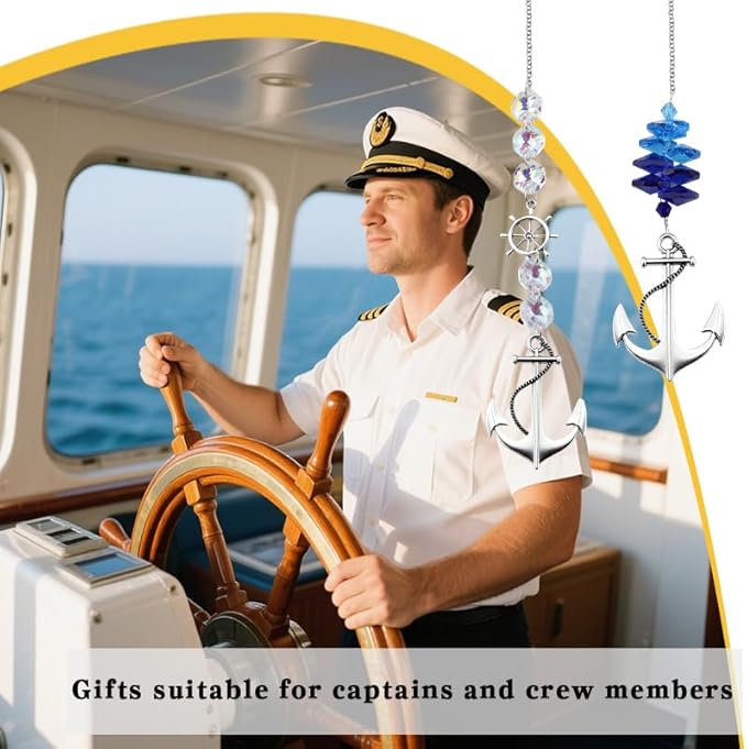 Nautical Crystal Suncatchers Set Window Hanging Glass Ship Wheel Hanging Ornaments for Home Boat Decor Sailor Nautical Gifts Sailing Sun Catcher Home Garden Decoration
