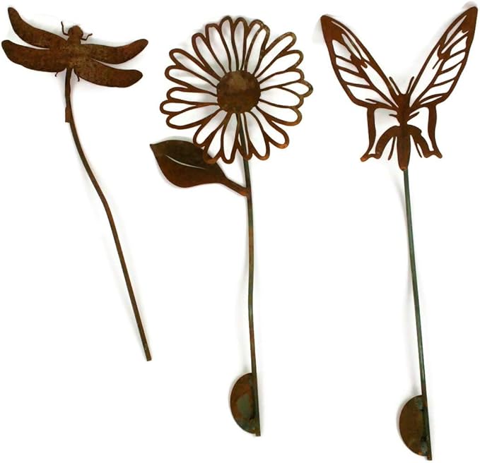 Metal Rustic and Colorful Flower Stakes Ranging from 9.5 to 36 Inches Tall (Daisy, Butterfly and Dragonfly Stake Set, Naturally Rusted)