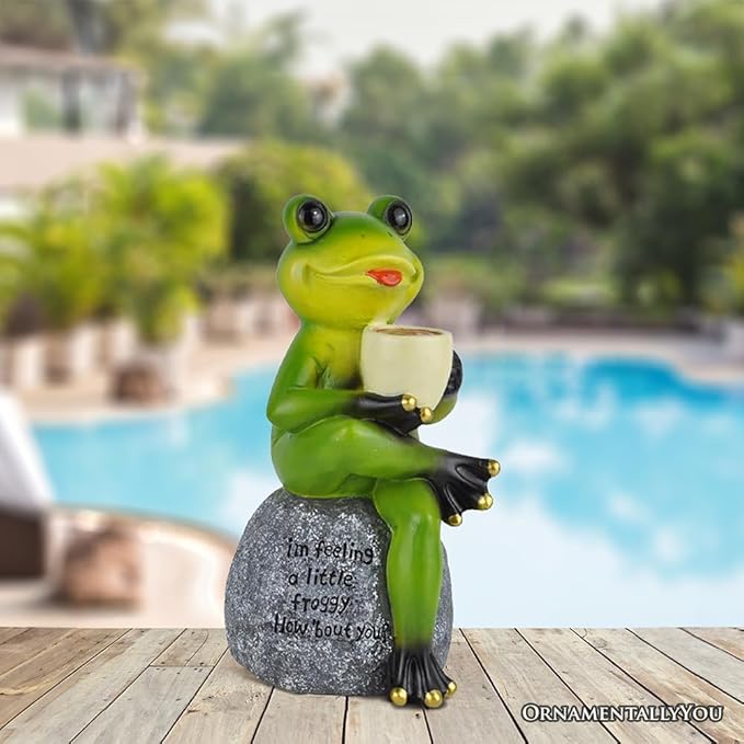 OrnamentallyYou Spring & Summer-Themed Garden Statues – Adorable Outdoor Decor for Lawn, Patio & Porch (Coffee Drinking Frog Garden Statue with Funny Quote)