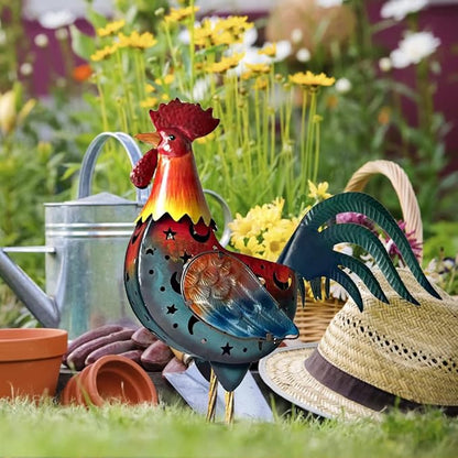 HONGLAND Metal Rooster Yard Decor,18" Solar Chicken Garden Statues Outdoor,Farm Animals Lawn Decorative Ornaments Outside for Home Patio Backyard Landscape