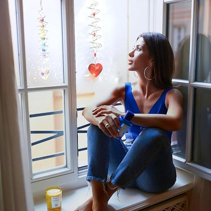 Big Heart Crystal Sun Catchers for Windows Hanging, Double-Spiral Design Gazing Ball Spiral Tail, Rainbow Maker Prism, Sun Catchers Indoor Window for Kitchen, Patio, Porch, Garden(AB-Golden)