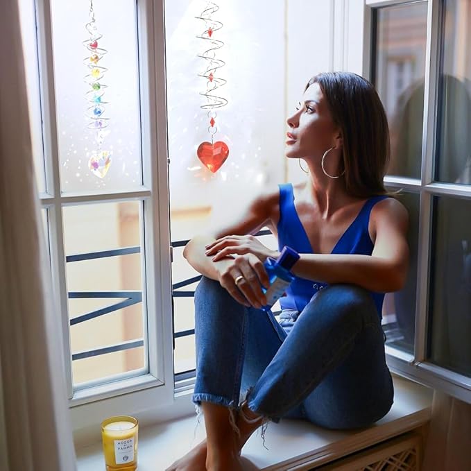 Big Heart Crystal Sun Catchers for Windows Hanging, Double-Spiral Design Gazing Ball Spiral Tail, Rainbow Maker Prism, Sun Catchers Indoor Window for Kitchen, Patio, Porch, Garden(Purple)