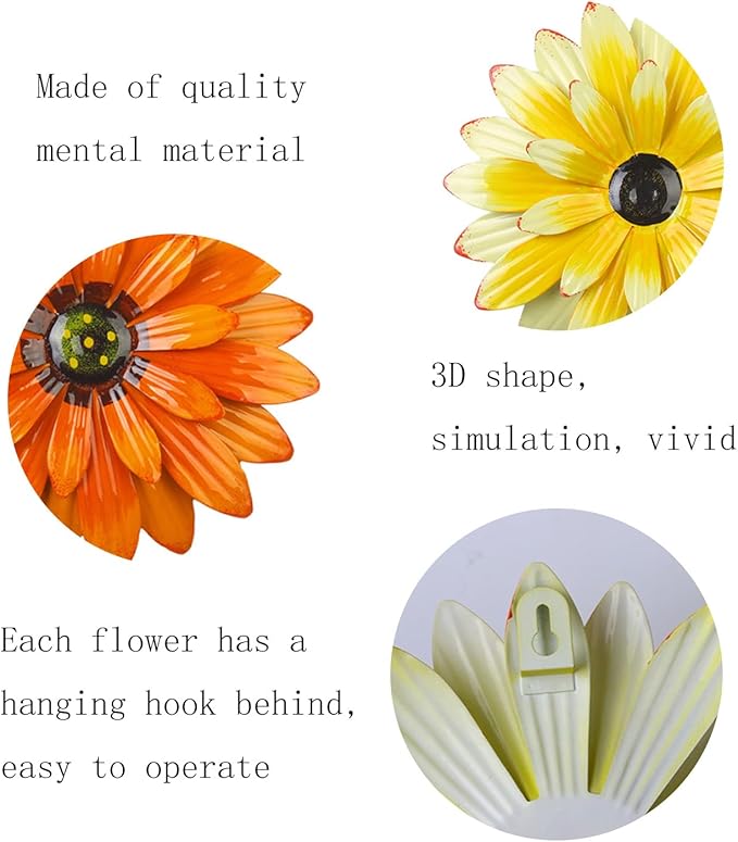 Outdoor Metal Wall Art Decor, 2 Pack 8 Inch Sunflower Wall Decorations, Hanging Outdoor wall Decor, Handmade Metal Flowers for Outdoor Outside Indoor Decor,Yellow+Orange