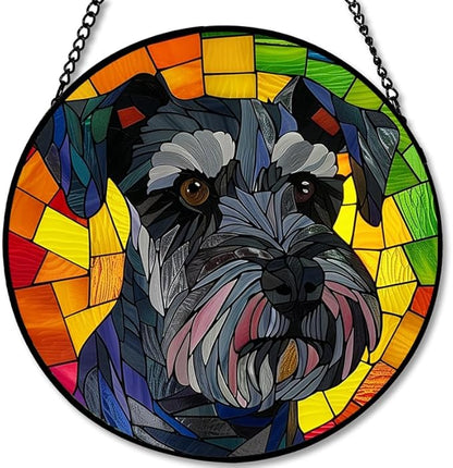 Stained Glass Window Hanging Schnauzer Dog 11.8in Sun Catchers Panel for Indoor Decorative Display for Mom Wife Lovers Festive