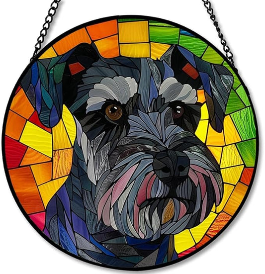 Stained Glass Window Hanging Schnauzer Dog 11.8in Sun Catchers Panel for Indoor Decorative Display for Mom Wife Lovers Festive