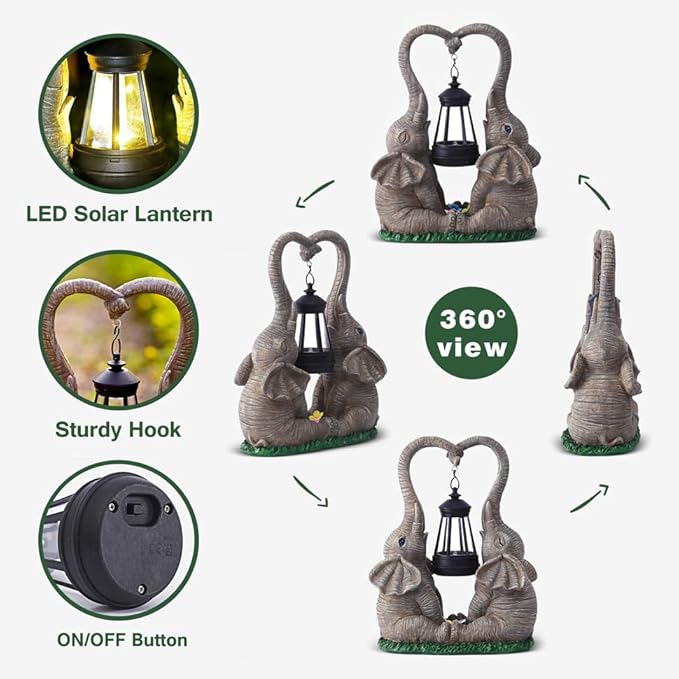 Elephant Statue Garden Decor with LED Solar Lights-Set of 2 Good Luck Elephant Outdoor Statue Elephant Gifts for Women Garden Statues for Yard Patio,Porch,Home for Women