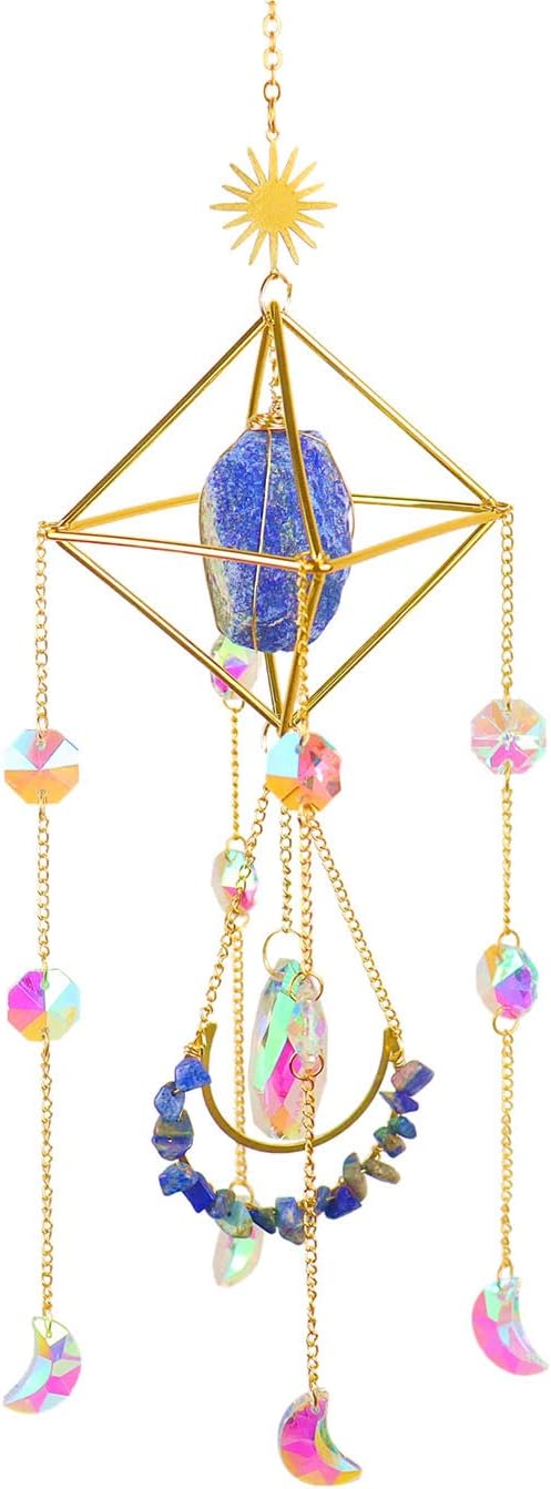 Crystal Suncatcher Lapis Lazuli, Blue Sun Catcher Hanging Decor, Valentine's Day Gift, Blue Lazurite Crystal Window Hanging, Gemstone Prism, Boho Chic Decor, Raw Natural Stone (Lazurite)