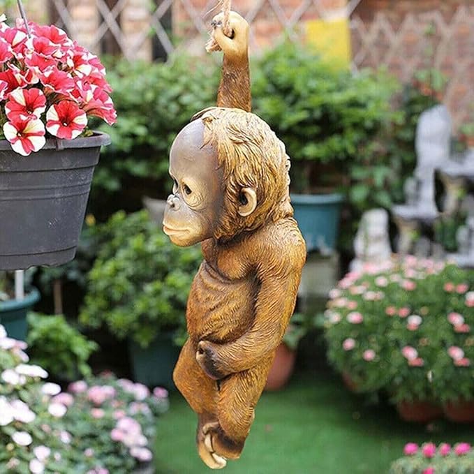 Monkey Statue - Hanging Monkey for Front Yard Decor, Durable Garden Sculptures & Statues, Monkey Figurines for Home & Garden Decor, Monkey Figurine for Animal Garden Decor (Chimp)