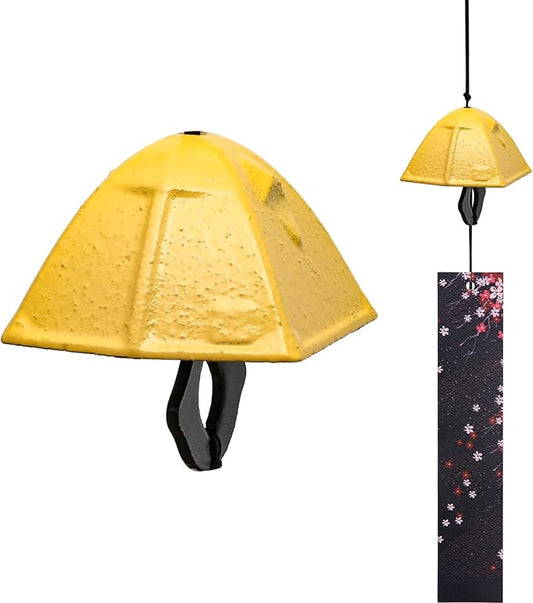 Japanese Wind Chime Cast-Iron Outdoor Ornament for Garden, Patio & Balcony, Hanging Metal Wind-Bell Decoration Gift, Blessing Pendant Windchimes & PVC Wind-Catcher, Tent - Yellow