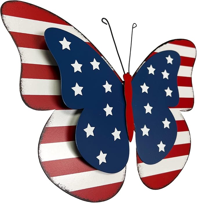 SAGUZOU Rustic Hanging Metal American Flag Patriotic Butterfly Wall Door Yard Fence Signs 4th of July White Blue Red Independence Day Memorial Day Decor Indoor Outdoor Decorations