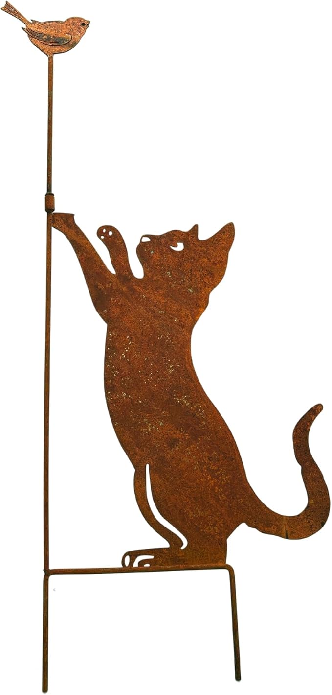 27.17” Metal Cat and Bird Silhouette Stake - Rustic Garden Statue, Outdoor Yard Decoration, Cat Lover’s Gift, Weather-Resistant Garden Ornament