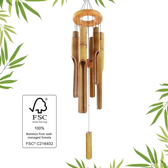 Bamboo Wind Chimes for Outside,Wooden Wind Chimes with Melody Soothing Tone,32" Classic Zen Bamboo Windchime for Porch Patio Garden or Indoor (FSC Certified)