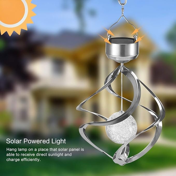 Powstro Solar Hanging Lamp, Wind Sparkling Crystal Ball Color Changing LED Ornament for Lawns and Gardens