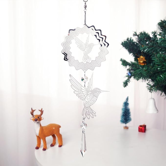LONGSHENG - SINCE 2001 - Crystal Suncatcher Wind Spinner Pendant Hanging Silver Hummingbird Ornament Rainbow Maker Garden Patio Sun Catcher Glass Crystals for Indoor Outdoor Decoration
