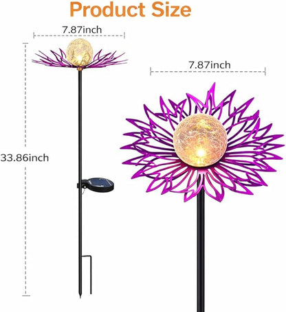 Solar Garden Lights Outdoor Decor, Metal Flower Solar Stake Light with Warm White Crackle Glass, Waterproof Yard Art Ornament for Patio Lawn Backyard, Unique Gardening Gifts for Women (Purple)