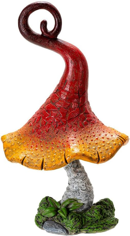 Pacific Giftware Whimsical Garden Toadstool Mushroom Statue with Curled Red and Orange Cap Resin Decor with Etched Texture for Fantasy Garden and Fairy Landscaping 9.06" Tall