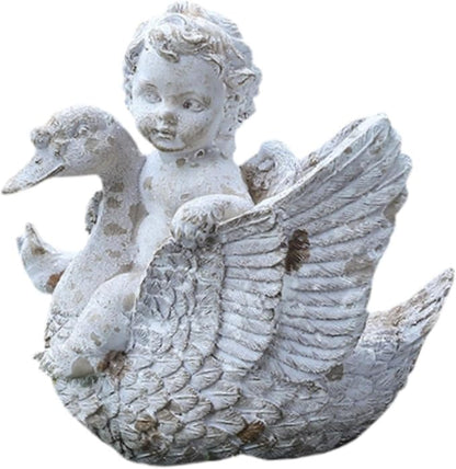 Angel Riding A Swan Garden Statue Decorative Figurine Resin Outdoor Statue Yard Art Decor for Porch Backyard Pond Decoration