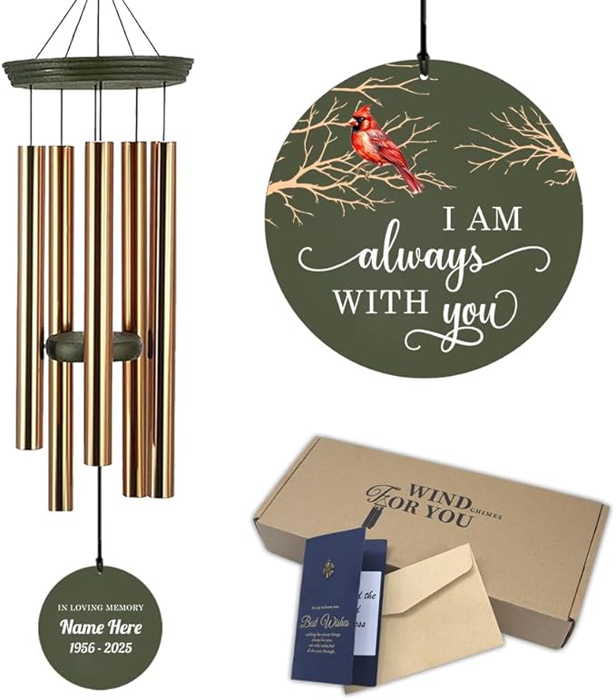 Personalized Memorial Wind Chimes, Cardinal Wind Chime, Wind Chime Made for Lost Loved One/Friend, Custom Name Date, Memorial Sympathy Bereavement Gift for Mourning/Funeral, Product in USA