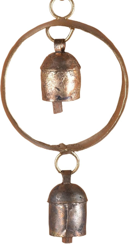 Wind Chimes for Outside Decor – Rustic Metal Yard Ornament with 3 Hanging Bells – Handmade Outdoor Porch or Entryway Accent – Indian Craft Deep Tone Garden Decoration Gift, 13 x 3.25 Inch