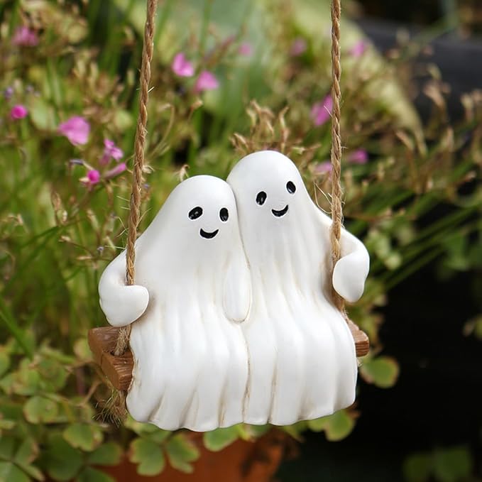 Swing Ghost Couple Garden Statue Outdoor Halloween Decor, 3.1 Inch Cute Ghost Figurine Resin Sculpture Funny Tree Hanging Ornaments for Patio Lawn Yard