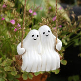 Swing Ghost Couple Garden Statue Outdoor Halloween Decor, 3.1 Inch Cute Ghost Figurine Resin Sculpture Funny Tree Hanging Ornaments for Patio Lawn Yard