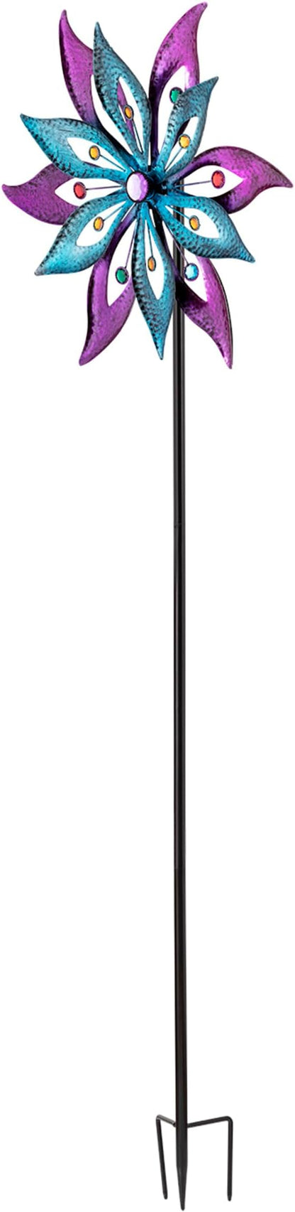 Alpine Corporation 64" Tall Outdoor Floral Windmill Stake with Gems Kinetic Spinner, Purple and Aqua
