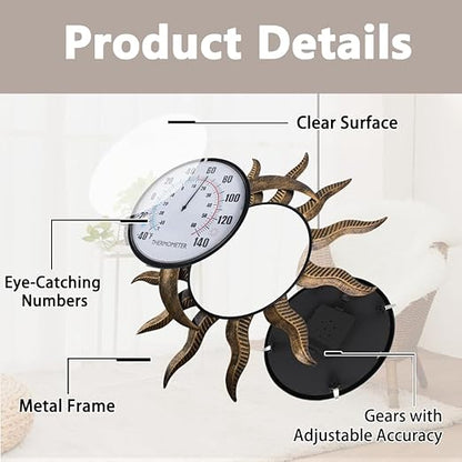 14" Sun-Moon Outdoor Thermometer, Metal Wall Thermometer No Need Battery, Decorative Indoor Thermometer for Patio, Garden, Living Room