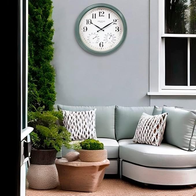 18 Inch Maison in/Outdoor Clocks Waterproof, Large Outdoor Clock Thermometer Combo, 3 in 1 Weather Stations,Aged Teal
