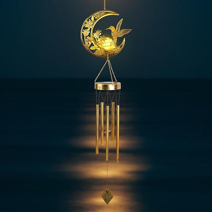 Moon Hummingbird Wind Chime Outdoor, Handcrafted Metal Garden Wind Chimes with Hummingbird Charms, Melodic Wind Bells for Patio Porch Decor, Weatherproof Gift for Nature Lovers & Bird Watchers