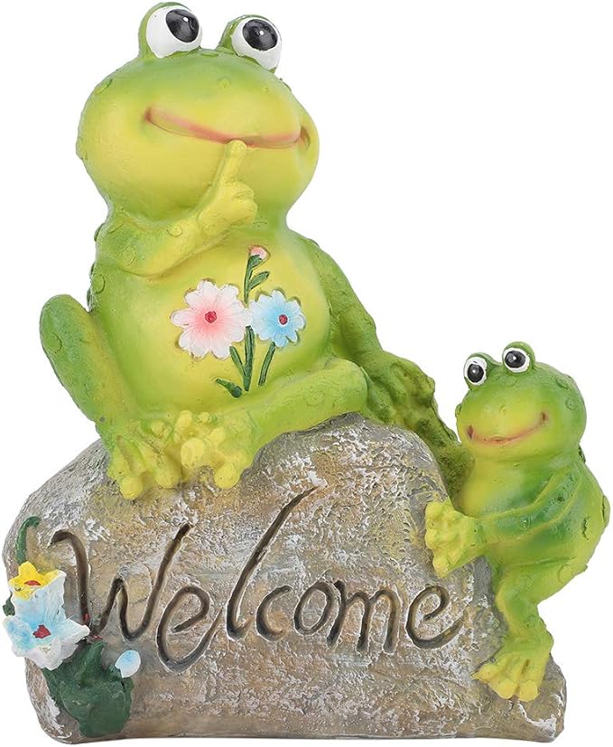 Frog Statue, Frog Welcome Sitting on Stone Figurine Landscape Resin Sculpture