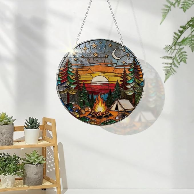 Camping Life Acrylic Suncatcher, Christmas Tree Decor Ornaments, Window Hanging Nature Round Sun Catcher, Forest Window Wall Art for Home Office Decoration, Gift for Camping Lover