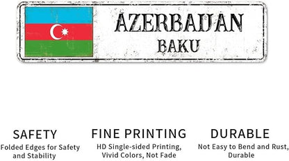 Azerbaijan Street Signs Azerbaijan Flag Metal Sign Capital City of Azerbaijan Metal Sign Road Rustic Wall Art Farmhouse Decorative Sign Home Decoration Gift for Foreign Friend, Neighbor 24x6inch