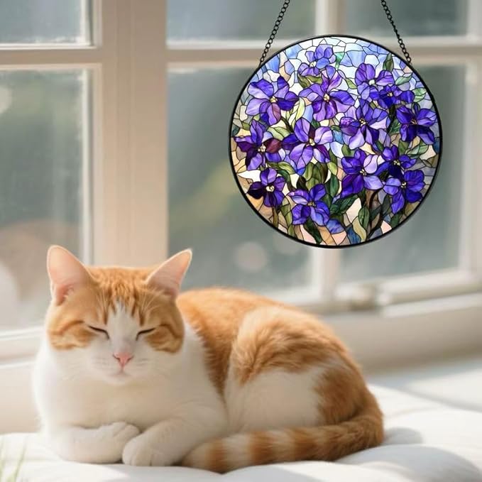 Stained Glass Window Hanging Lilac Stained Glass Style Suncatcher Round Purple Flower Window Hanging Decorative Panel Sun Catcher for Home Window Garden Gift