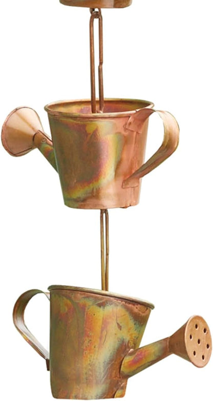 Ancient Graffiti Watering Can Rain Chains, Copper-Colored Steel Decorative Downspout Alternative, Pack of 2, 91-Inch Long Whimsical Gutter Chains with Easy-Install Gutter Clips