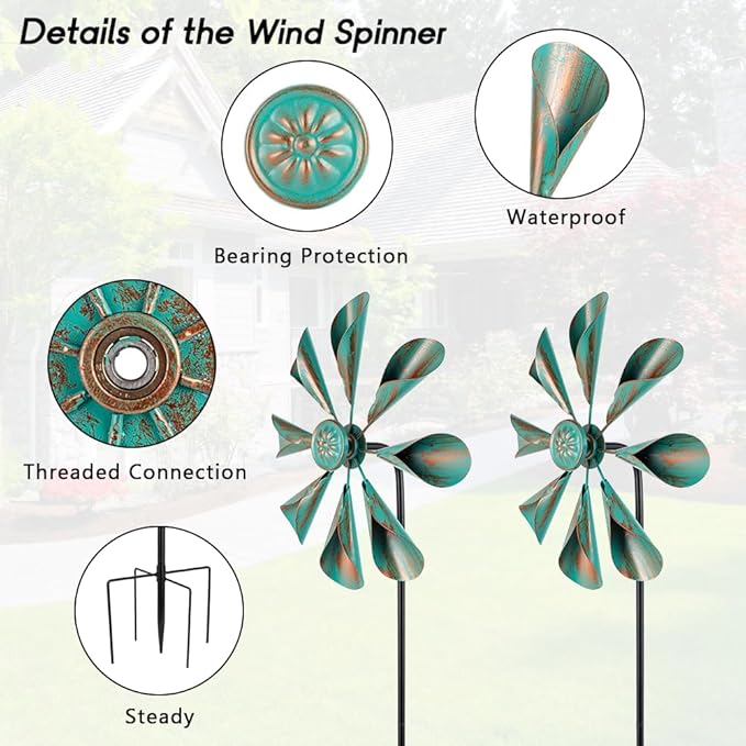 DREAMYSOUL 2 Pack Wind Spinners Outdoor, 10" Dia Metal Pinwheels for Yard and Garden, Kinetic Wind Sculptures & Spinner Outside (Bronze)