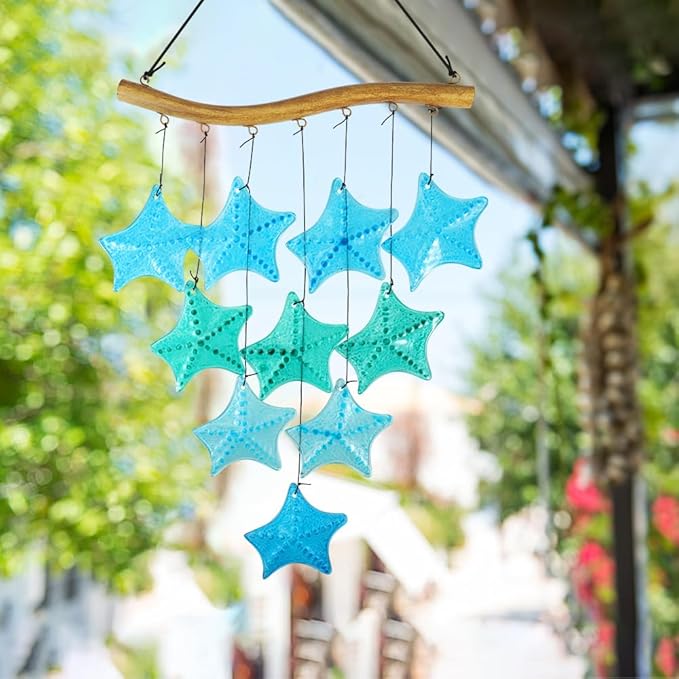Vindar 28" Blue Starfish Glass Wind Chimes, Outdoor & Indoor Decor, Memorial Gift, Weather Resistant