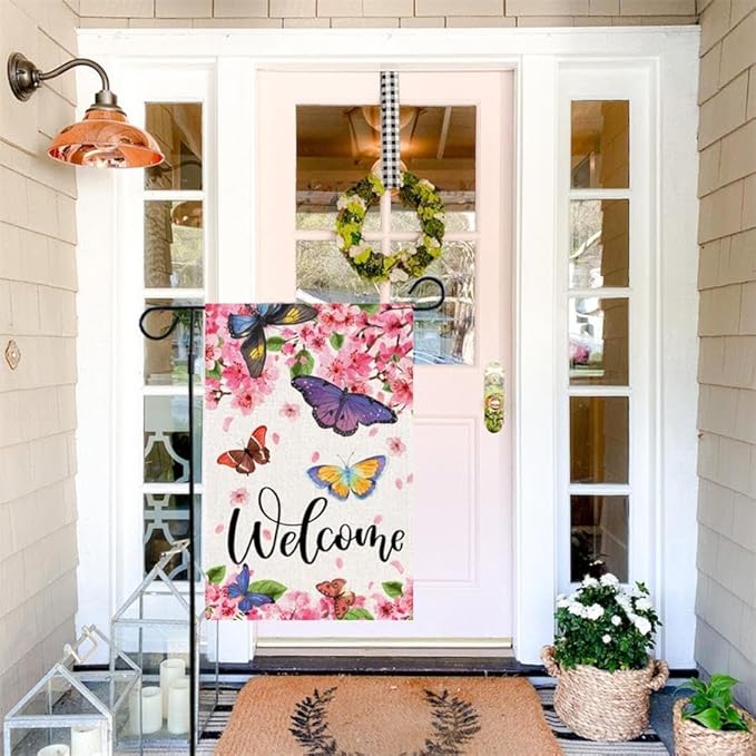 Baccessor Spring Summer Garden Flag Floral Bird Butterfly Flowers Welcome Spring Summer Flag 12.5 x 18 Inch Double Sided Burlap Small Spring Summer Flag for Outside Decor