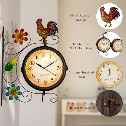 Vintage Indoor Outdoor Clock - Silent Non-Ticking, Double Sided Wall Clock with Rooster Decor Waterproof for Garden, Patio, Yard, Farmhouse, Home Décor (Orange)