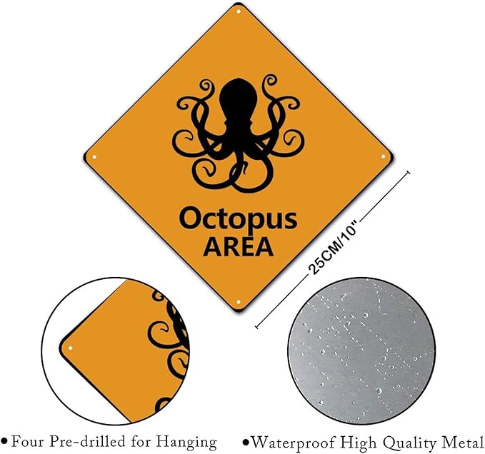 Octopus Crossing Xing Sign Beware of Octopus Metal Sign Ocean Animal Funny Warning Sign Crossing Zone Sign for Farm Yard Front Door Indoor Outdoor Street Sign 10x10in